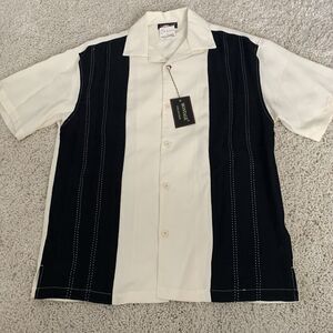 Montage Collection Shirt Mens Large Cuban Style Short Sleeve Ivory Black Button